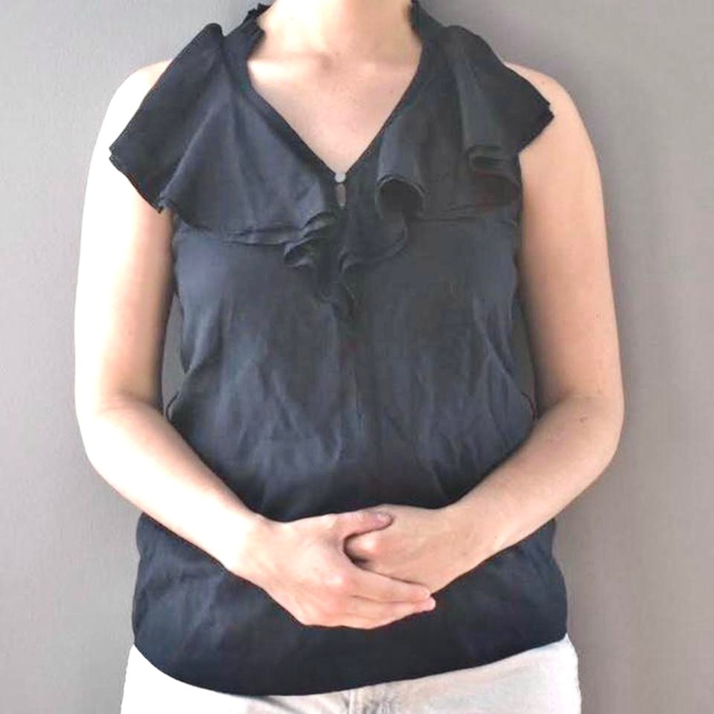 NWT Banana Republic Dark Navy Blue Black 100% Silk Sleeveless Ruffle Top